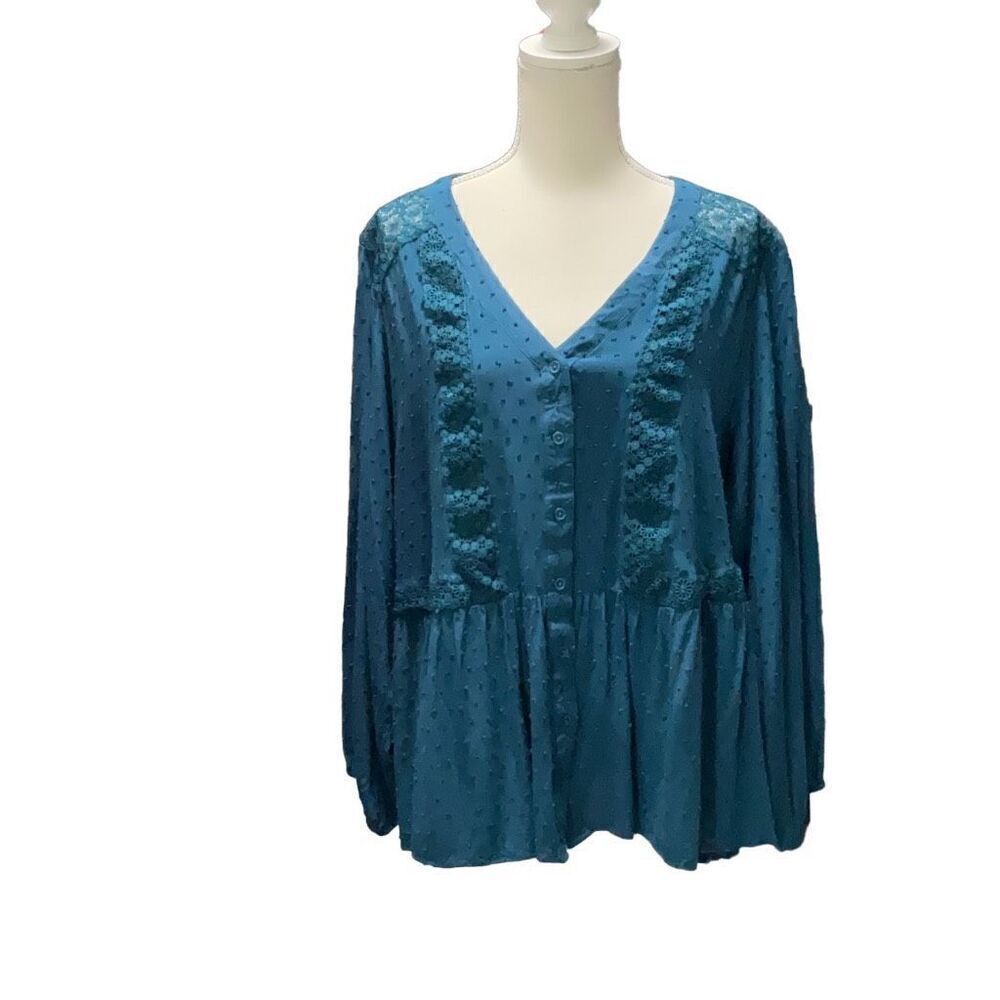 Lane Bryant Blue Button Front Long Sleeve Blouse V Neck Swiss Dot Lace Size 20